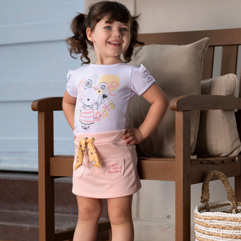 Conjunto Infantil Feminino Blusa Manga Curta e Shorts Saia